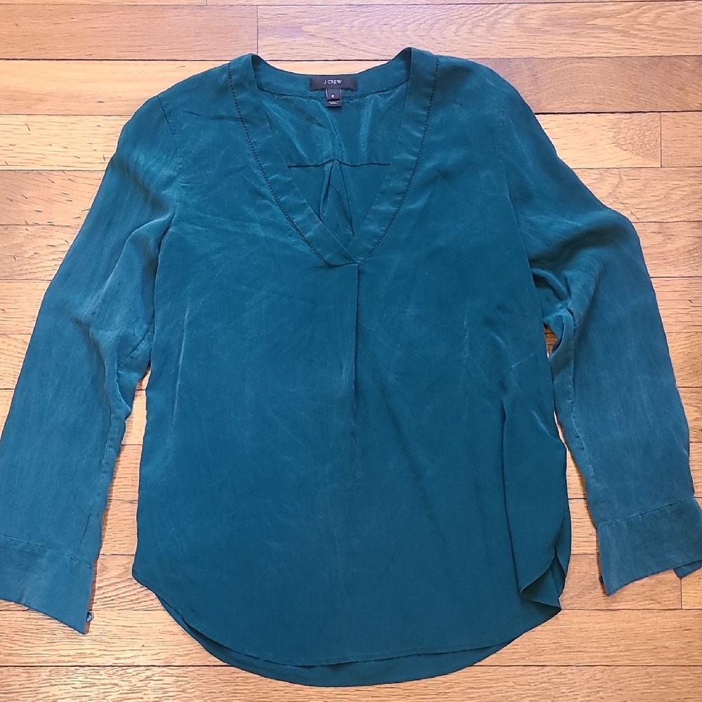 J Crew- 100% Silk Forest Green Long Sleeve Blouse